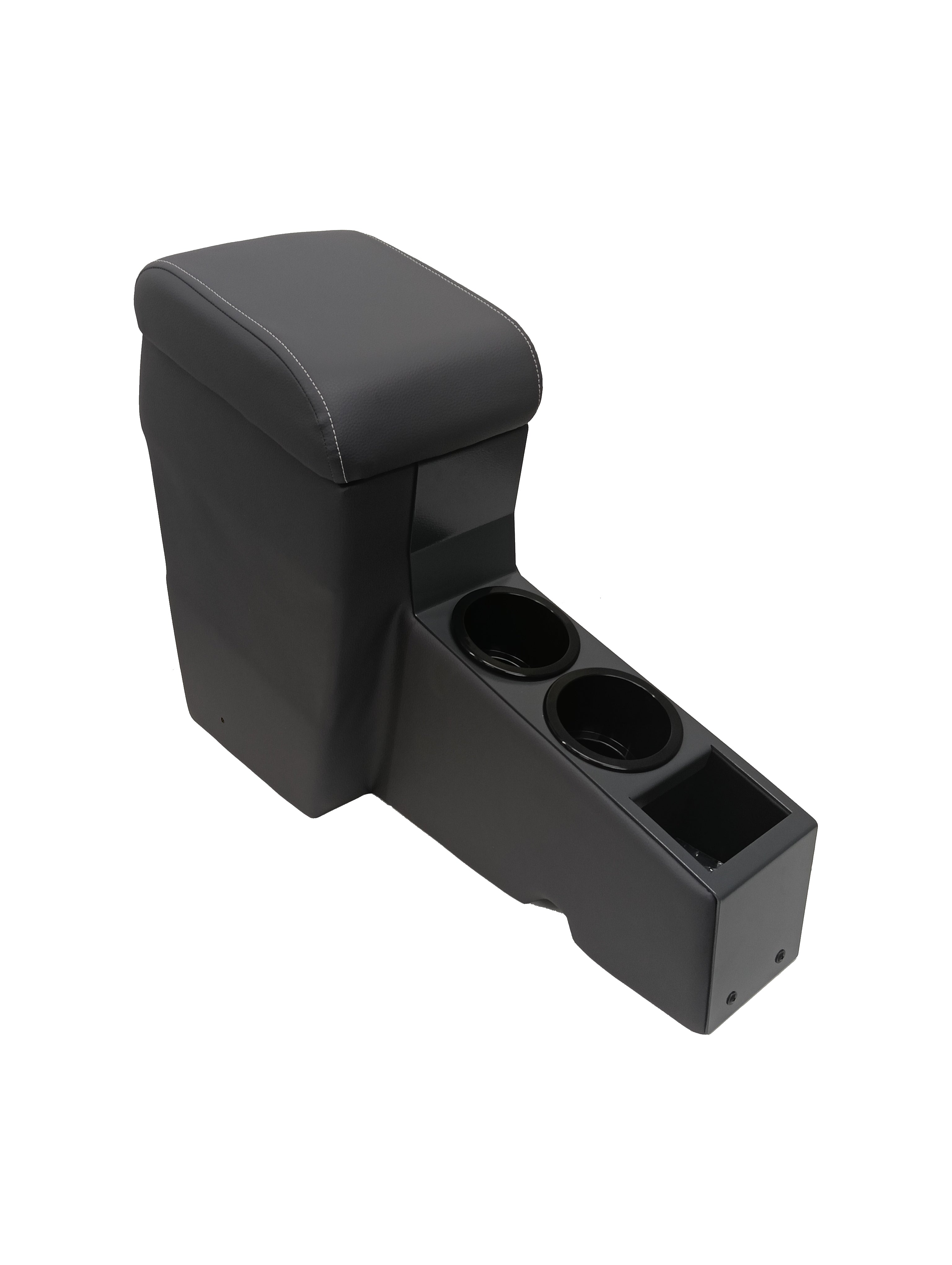 A black half centre console designed for a Landcruiser 70 Series vehicle, featuring multiple cup holders and storage compartments.